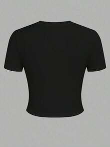 Customizable Plus-Size Women's Short-Sleeved Crop Top T-Shirt. Add Your Own Photos (Pictures, Selfies, Photos Of Friends Or Family, Logos, Etc. ), Perfect As An Anniversary Gift, Valentine's Day Gift - 黑色 - 查看 5