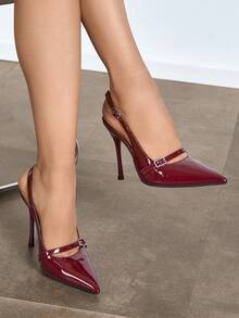 女士尖头细高跟鞋，镶钻绑带，后跟带扣，通勤、派对、宴会等场合皆宜的高跟鞋 - 酒紅色 - 查看 6