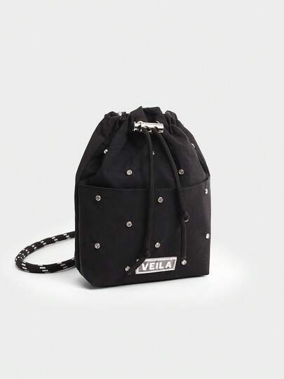 1个女士纯色尼龙单肩斜挎包，时尚铆钉装饰抽绳手机袋，适合购物和送礼