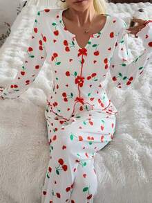 Spring & Autumn New Sweet Cherry Blossom Long Sleeve Pajama Set, Bow Tie Design + Ruffle Trim, Loose Breathable Sleepwear, Girly Home Outfit - White - View 6