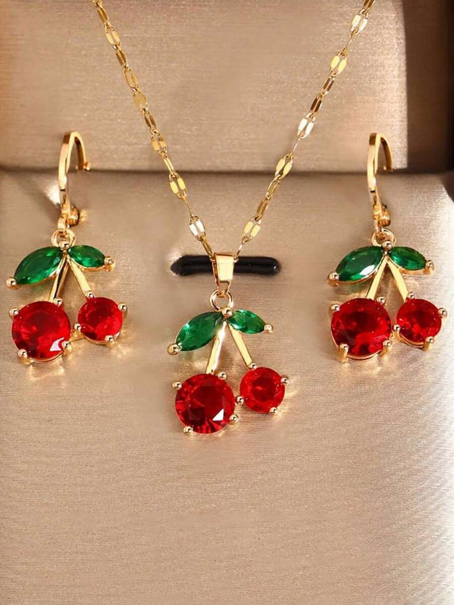 Juego de 3 piezas de pendiente y collar elegante con diamante rojo incrustado en forma de cereza, de moda y versátil - cereza - Ver 1