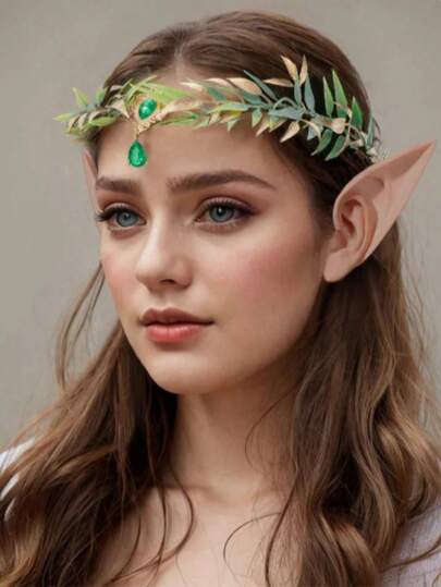 1pc Plastic Green Leaf & Gem Headband, Adjustable Elf Headpiece, Forest Flower Crown Headdress, Cosplay Accessory