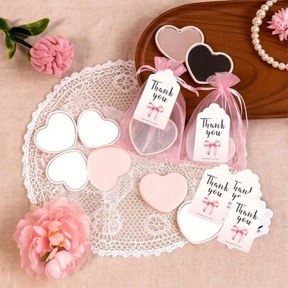 3/15/30/60pcs Pink Heart-Shaped Mirror Gift Box Set, Includes Pink Heart Mirror, Pink Organza Bag, And Thank You Card, Compact & Cute Mirror, Suitable For Wedding, Commemorative Gifts, Party Favors