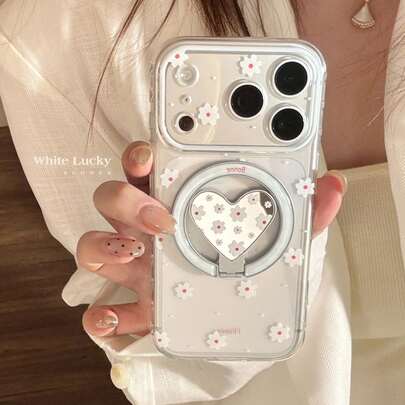 Kavenfort 1个透明磁吸白色康乃馨+白色康乃馨镜面心形磁吸手机支架，兼容 17 Pro Max、16、15，花卉、创意、几何、韩式、极简、清新、小众、ins风