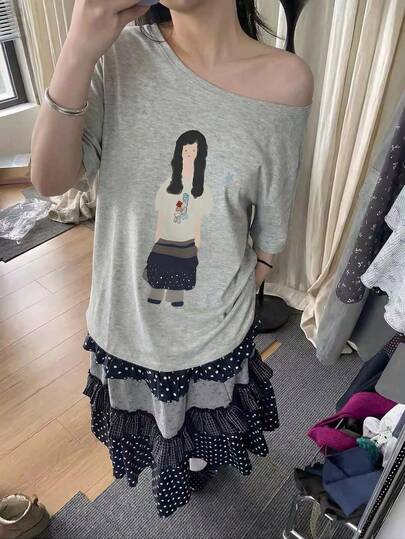 女士可爱卡通不对称领灰色T恤，独立美学宽松舒适休闲上衣，街头风夏季单品
