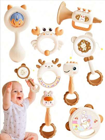 婴儿摇铃安抚玩具套装，满足不同阶段儿童的需求，包括抓握、摇晃、声音识别和感官玩具，如手摇铃、手鼓、迷你扬声器，适合新生儿和婴儿作为生日/节日礼物（颜色随机）