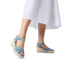 Alpargata con Tiras para Mujer con Puntera Abierta y Correa para el Tobillo, Sandalias de Cuña para Mujer con Plataforma - Azul - Ver 10