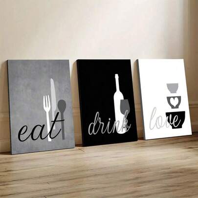 三联木框厨房墙画，主题为“吃喝玩乐”，采用现代单色灰、黑、白帆布海报设计。创意防水材质，是理想的礼品之选。适用于卧室、客厅、住宅和宿舍的装饰。是房间装饰的完美之选，也适合西式风格、家居装饰、现代风格房间装饰、帆布墙画或厨房装饰。