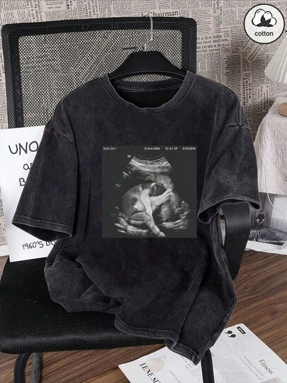 女士夏季猫咪印花水洗纯色休闲简约复古日常宽松圆领棉质短袖T恤上衣