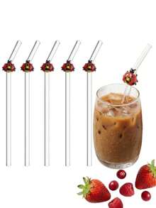 1/2 Set Marienkäfer Glas Strohhalm Set - Wiederverwendbare transparente gebogene Strohhalme geeignet für Smoothies und Cocktails | Süße Küchen- und Party-Kleingeschenke geeignet für Sommercamp, Schulanfang, Vatertag und Muttertag | Einzigartige Geschenkidee - Verschiedenfarbig - Übersicht 1