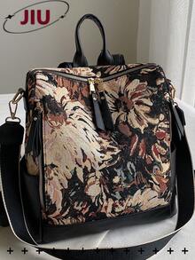 防盗油画图案复古尼龙双肩包女包，多功能时尚日用包，多口袋轻便旅行包，大容量简约书包，便捷书包，适合学生、护士、教师、商务人士、旅行度假、商务出差、日常通勤、购物、办公、约会、徒步、训练、工作、生日礼物、节日礼物 - 彩色 - 查看 13