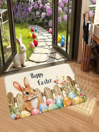 1 件装复活节兔子和彩色彩蛋图案浴室地垫，柔软法兰绒加厚吸水防滑地垫，可折叠易清洁，适用于浴室、卧室、客厅、餐厅、复活节房间装饰、复活节礼物、春夏装饰