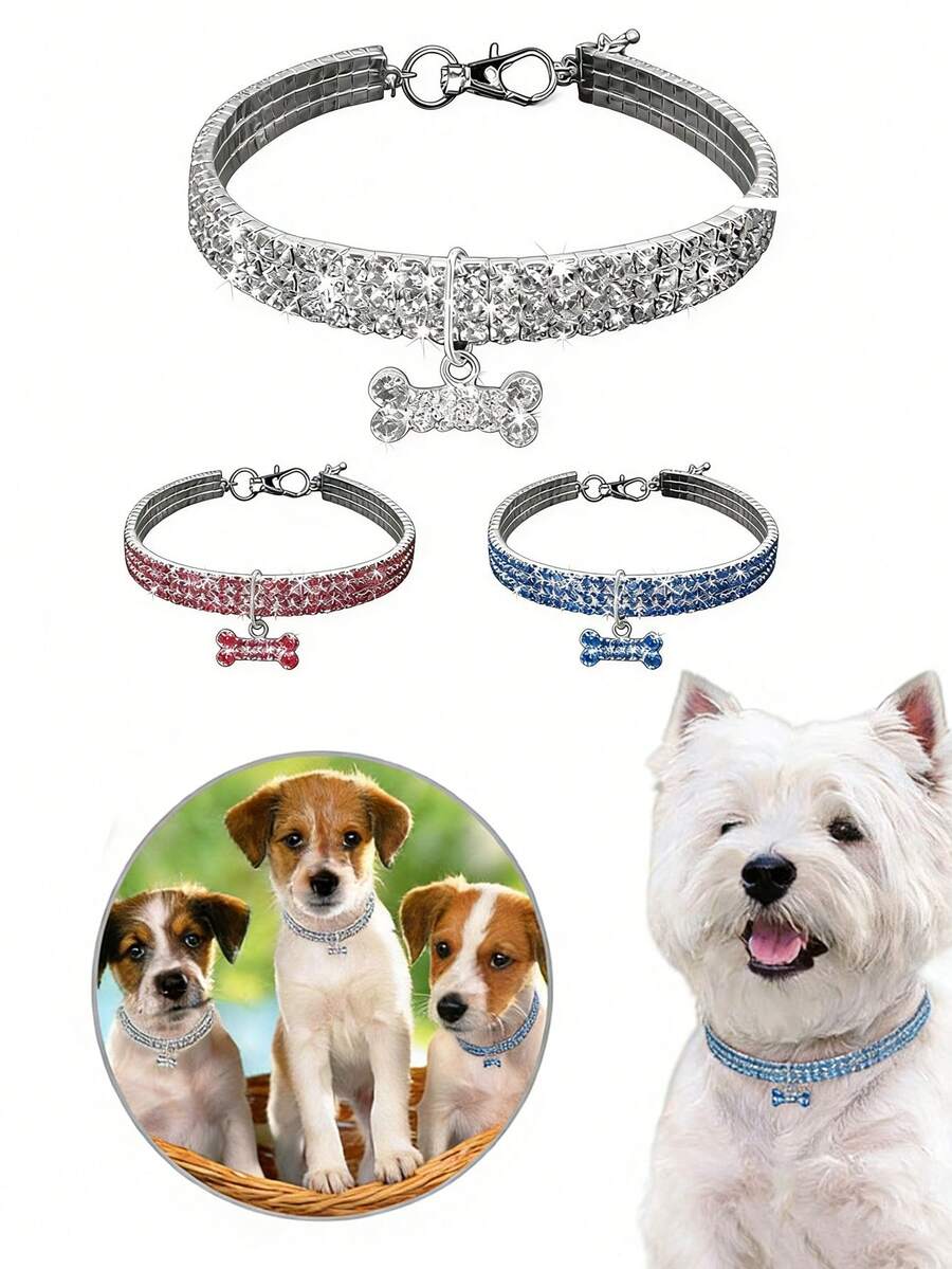 Collier pour animaux de compagnie en cristal scintillant - avec pendentif en forme d'os, convient aux chiens et aux chats, matériau élastique ajustable et confortable pour les petits chiens/chiots et les chats, convient pour un port quotidien, la photographie, les fêtes, les mariages, les vacances, cadeau parfait pour vos animaux de compagnie bien-aimés - Multicolore - Voir 1