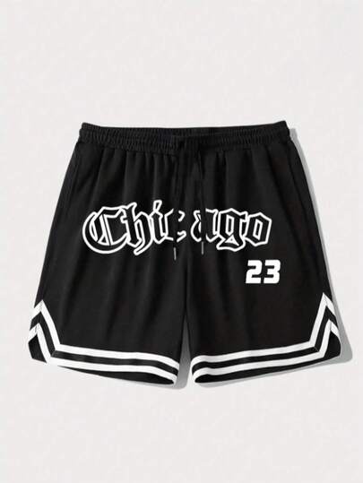 Quần short thể thao thường ngày cho bé trai tuổi teen - Quần short bóng rổ bằng polyester thời trang có túi, màu đen với chữ "Chicago" màu trắng, dáng rộng thoải mái cho các hoạt động ngoài trời và mặc hàng ngày, trang phục thể thao phong cách | Chất liệu bền. Quần áo dành cho bé trai tuổi teen