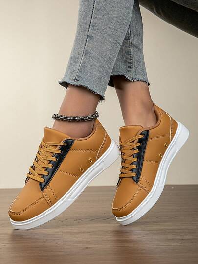 女士圆头系带滑板鞋，时尚撞色休闲运动鞋，舒适百搭