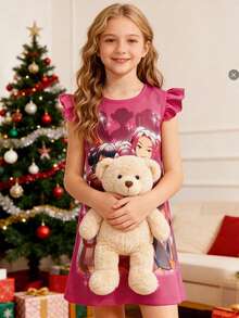 KPop Girls Demon Dress Hunters Print Ruffled Sleeve Dress For Girls,  Print, Casual Everyday Style - Hot Pink - View 1