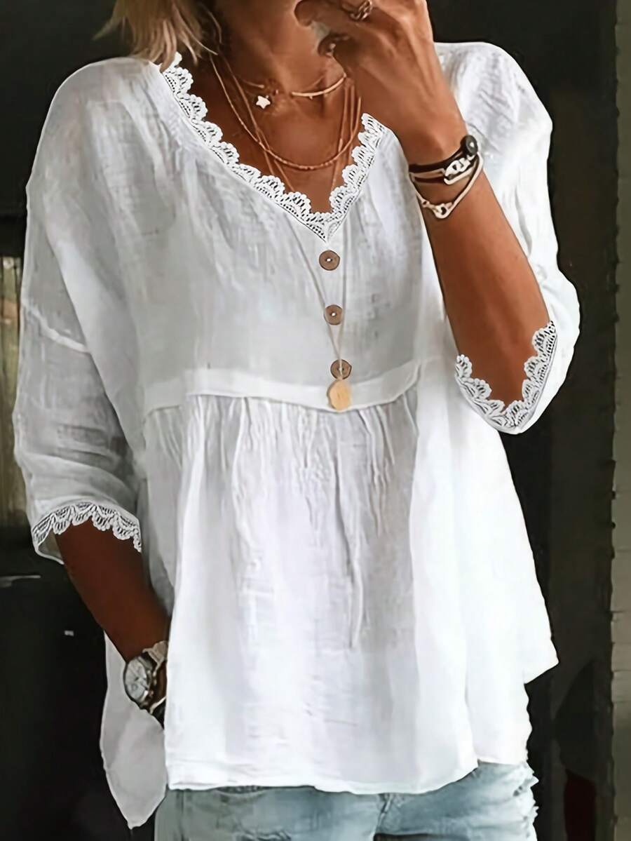 1pc Plus Size Women Elegant Solid Color Woven Fabric Front Button Ruffle Collar Blouse, Suitable For Daily Wear And Vacation, Spring/Summer White - White - View 1