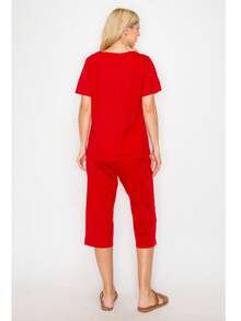 Women Short Sleeves Embroidered Cotton Blend Lounge Wear  Sets - 新紅 - 查看 5