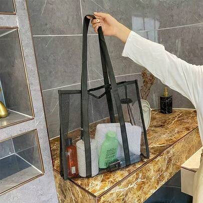 透明网眼单肩斜挎包，时尚便携沙滩包，大容量泳池包，多功能洗衣、外出、旅行必备，可收纳内衣、化妆品等，多口袋设计