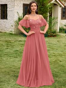 MIUSOL 亮片花卉蕾丝心形领口露肩撞色网纱荷叶边下摆正式派对长裙，优雅派对礼服，舞会礼服，适合婚礼宾客、毕业典礼、正式晚宴等场合。 - 藕粉色 - 查看 7