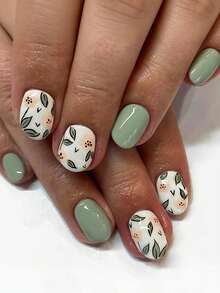 24pcs Spring Flower Short Square Press-On Nails, With Cute Floral & Fresh Green Leaf Patterns, Suitable For Women In Spring & Summer, Great Gift For Friends - Green - View 1