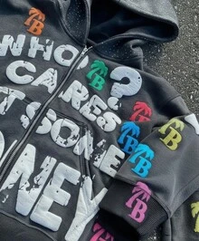 American Letter Foam Print Zipper Hoodie Men's Loose Sweatshirt Retro Street Hip-Hop With Colorful TB Logos For Unique Style - Grey - View 3