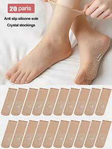 1 Pair/10 Pairs/5 Pairs/20 Pairs/30 Pairs Pack, Silicone Dotted Anti-Slip Seamless Ultra-Thin Transparent Glass Stockings For Women, Anti-Slip Toe, Short Length, Anti-Snag, Wear-Resistant, Invisible Crystal Socks, Mid-Calf 5D Seamless Steel Wire Ultra-Thin Ice Silk Invisible Short Stockings, Mask Socks, Anti-Slip Crystal Dotted Stockings - Apricot - View 5