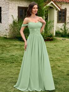 MIUSOL Sequin Floral Lace Off-Shoulder Ruffle Hem Chiffon Formal Party Maxi Dress, Bridesmaid Dress, Formal Evening Gown Wedding - Mint Green - View 7