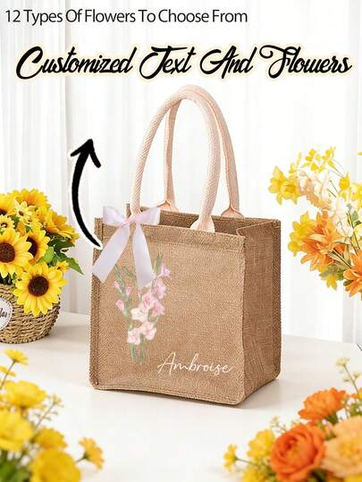 Personalised Birth Flower And Name Large Beach Jute Tote Bag With Name Mother's Day Birthday Wedding Party Gift For Women,Personalized Storage Bags, Cosmetics Storage Bags, Travel Bags,Birthday And Holiday Gifts For Family And Friends, Valentine's Day, Wedding Season, Souvenirs, Bridesmaid Gifts, Party Gift Bags
