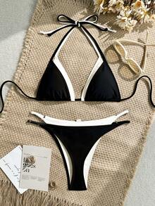 Bộ bikini tam giác gợi cảm mùa hè họa tiết da báo với dây buộc và phụ kiện dây xích kim loại, thích hợp cho kỳ nghỉ. - Đen và trắng - Xem 3