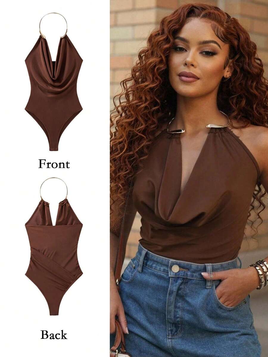 Áo liền thân gợi cảm cổ chữ V sâu, xếp ly, cổ yếm ánh kim, dáng ôm vừa vặn, trang phục thường ngày mùa hè thanh lịch - màu nâu - Xem 1