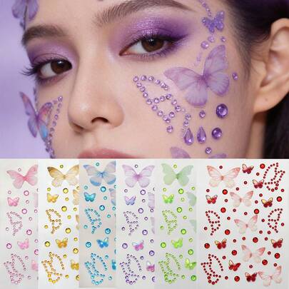1片闪亮彩色蝴蝶水钻脸贴，3D粉紫色极光蝴蝶设计宝石，适用于派对眼部脸部化妆装饰