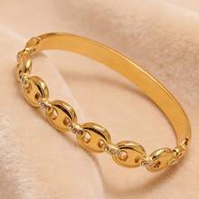 1pc Luxury Stainless Steel Hollow Coffee Bean Micro-Inlaid Diamond Bangle, Suitable For Women's Daily Commute Wear - Gold - View 5