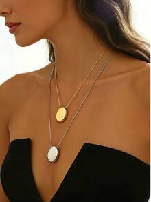 1件优雅双色金属圆盘双层项链，简约风格叠戴颈链，约会完美之选 - 金黃色+銀色 - 查看 3