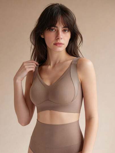 Lilivine Women's Seamless Gather Bra, Wireless Bra, Removable Padded Bra, Nude Color Bra, Casual Comfortable Lift-Up Bra Wireless, Basic Style