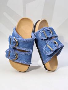 A Pair Of Girls' Retro Distressed Fringed Anti Slip One Line Drag Daily Casual Sandals - Dusty Blue - View 1