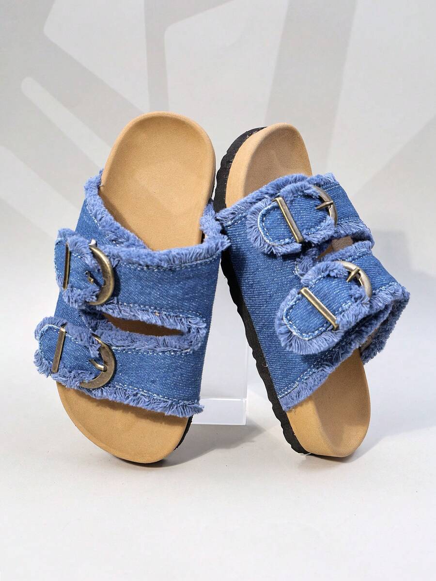 A Pair Of Girls' Retro Distressed Fringed Anti Slip One Line Drag Daily Casual Sandals - Dusty Blue - View 1