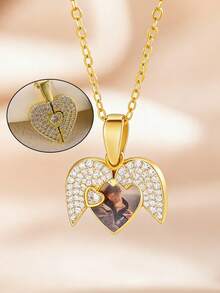Customized Photo Heart Wing Stainless Steel Necklace, Personalized Photo Jewelry With Wings, Custom Pet Or Portrait Necklace - Multicolor - View 5