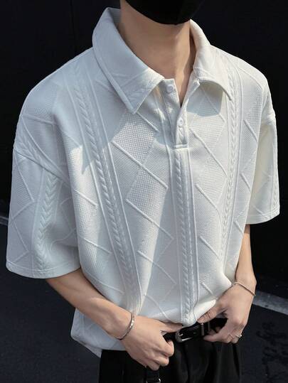 1pc Men's White Diamond Textured Short Sleeve Polo Shirt, 3D Jacquard Knit Fabric, Comfortable & Refreshing, Mature & Steady "Old Money" Style, Suitable For Daily Commute And Light Business Attire