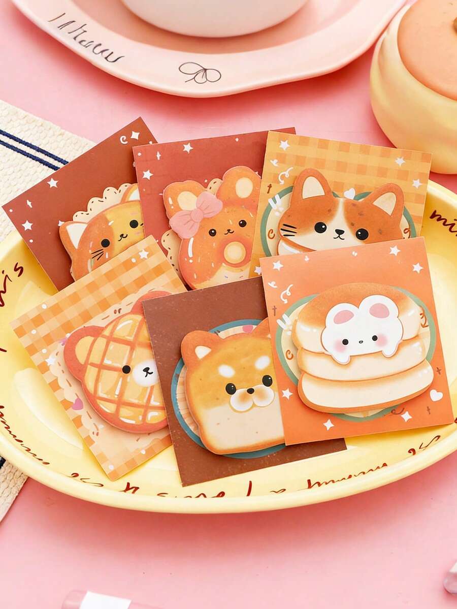 6pcs Cute Animal & Food Shaped Memo Pads, Cartoon Bread Design Sticky Notes, Children Memo Paper - Multicolor - View 1