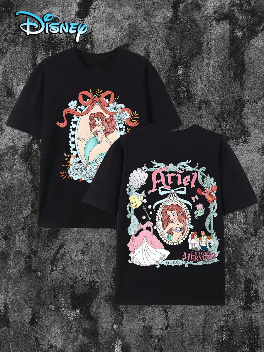 Women's Disney  Ariel Graphic T-Shirt Casual Short Sleeve Round Neck Cotton Tee Top - 黑色 - 查看 1