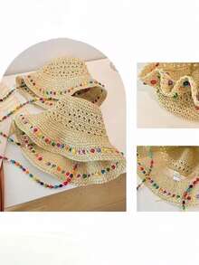 Women's Straw Bucket Hat, Crochet Woven Beach Foldable Sun Hat, Wide Brim Woven Cap For Summer UV Protection, Travel Essential - Multicolor - View 4