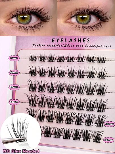 48 piezas de racimos de pestañas autoadhesivas en forma de C, estilo de ojo de gato, extensión de pestañas postizas DIY, racimos de pestañas naturales reutilizables, sin necesidad de pegamento, fácil aplicación en casa, longitud de 8-16 mm