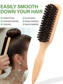 1pc Unisex Boar Bristle Smooth Comb, Tames Frizzy Hair, Edge Control Comb, Fluffy Wooden Handle Comb, Detangling Comb, Controls Hairline, Sleek Ponytail Comb - Includes Wide-Tooth Detangling Comb And Smoothing Comb - Multicolor - View 11