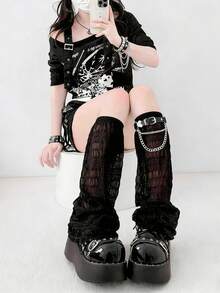 1 Pair Thin Leg Warmers + Chain Buckle, Women's Subculture Black Goth Lolita Flared Leg Leg Warmers, JK Thigh High Leg Warmers, Punk Mischievous Motorcycle Apocalyptic Y2K Subculture Stockings, Spring/Summer - Black - View 2