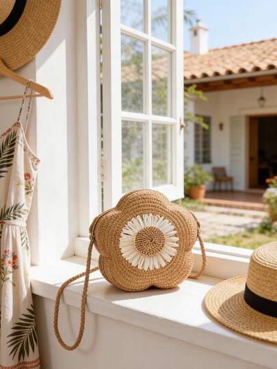 花朵编织包，手工编织迷你斜挎包，拉菲草向日葵图案，拉链封口，便携钥匙包，草编手提包，沙滩手提包，迷你草编斜挎包，夏季沙滩单肩包，女士可爱手提包和零钱包 - 俏皮配饰，耐用拉链封口，非常适合海滩、旅行、度假和日常通勤，日常手提包，适合送给女朋友，母亲节、生日、周年纪念日礼物