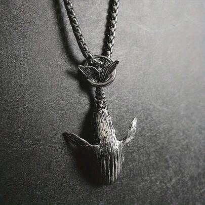 Mkend Vintage Ocean Style Oxidized Black 52Hz Whale Pendant Necklace With Stainless Steel Link Chain For Men Women Love Jewelry