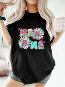 Camiseta con mensaje "Feliz Día de la Madre", camiseta con flores para mamá, holgada, informal, deportiva, de verano, con cuello redondo y manga corta, para mujer - Negro - Ver 6