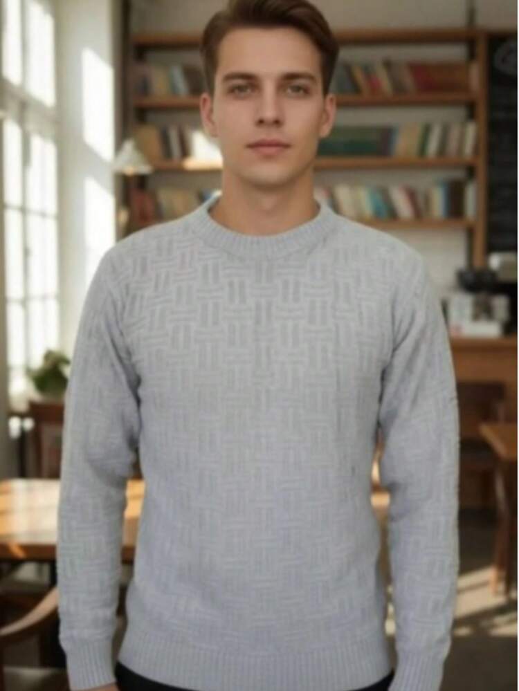 Men's Long Sleeve Knit Sweater For Winter 3D - 銀灰 - 查看 1