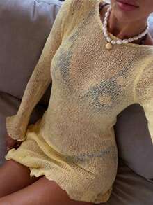 Mejors 女士休闲可爱纯色宽松针织套头罩衫，时尚泳衣罩衫，适合度假、约会、派对、夜店、海滩、度假村夏季穿着 - 黃色 - 查看 2